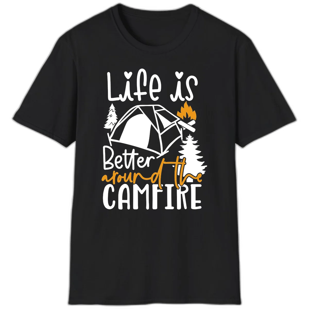 Campfire life better design with tent, campfire flames, pine trees, and hand-lettered text on gray background in Black