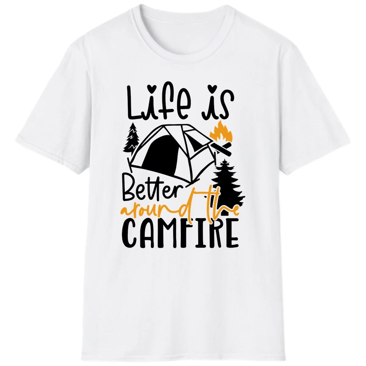 Campfire life better design with tent, campfire flames, pine trees, and hand-lettered text on gray background in White