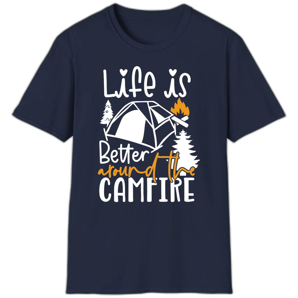Campfire life better design with tent, campfire flames, pine trees, and hand-lettered text on gray background in Navy