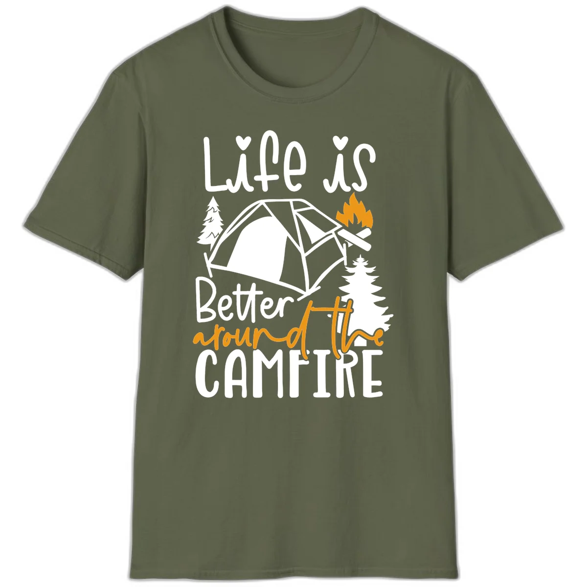 Campfire life better design with tent, campfire flames, pine trees, and hand-lettered text on gray background in Military Green