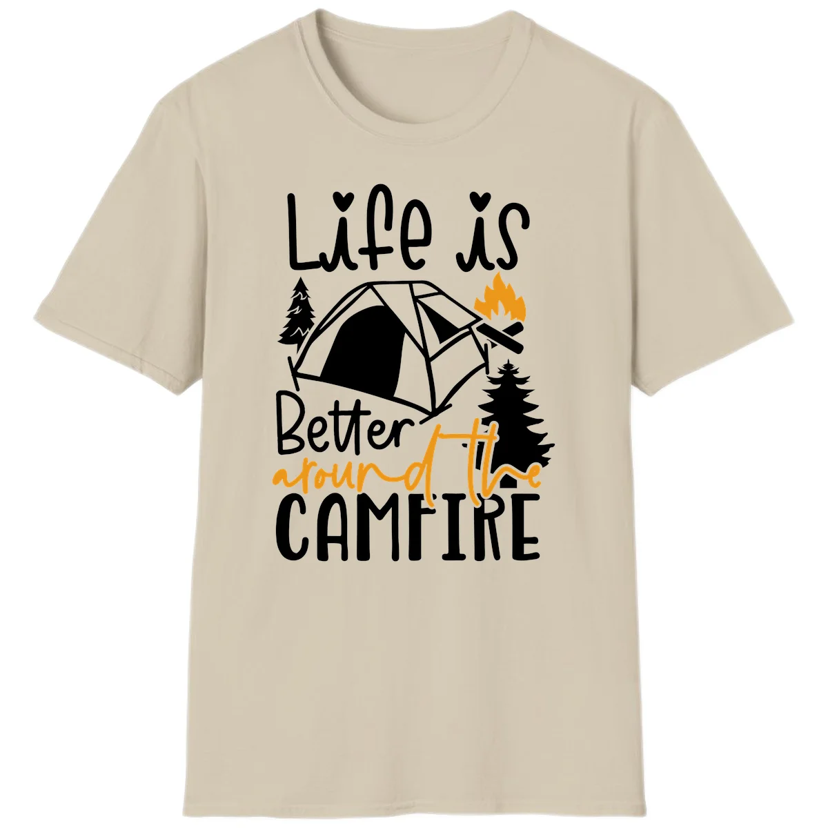 Campfire life better design with tent, campfire flames, pine trees, and hand-lettered text on gray background in Sand