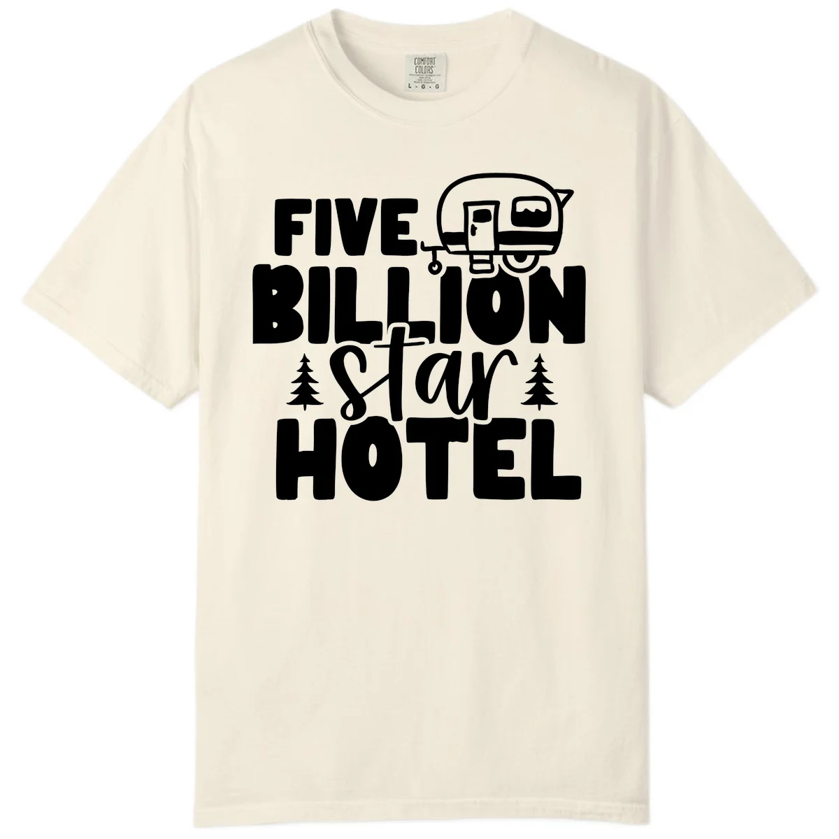 Vintage travel trailer design with 'Five Billion Star Hotel' text and pine trees on gray background in Ivory