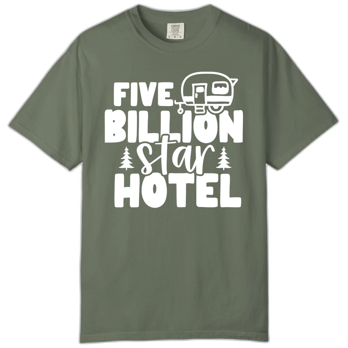Vintage travel trailer design with 'Five Billion Star Hotel' text and pine trees on gray background in Moss