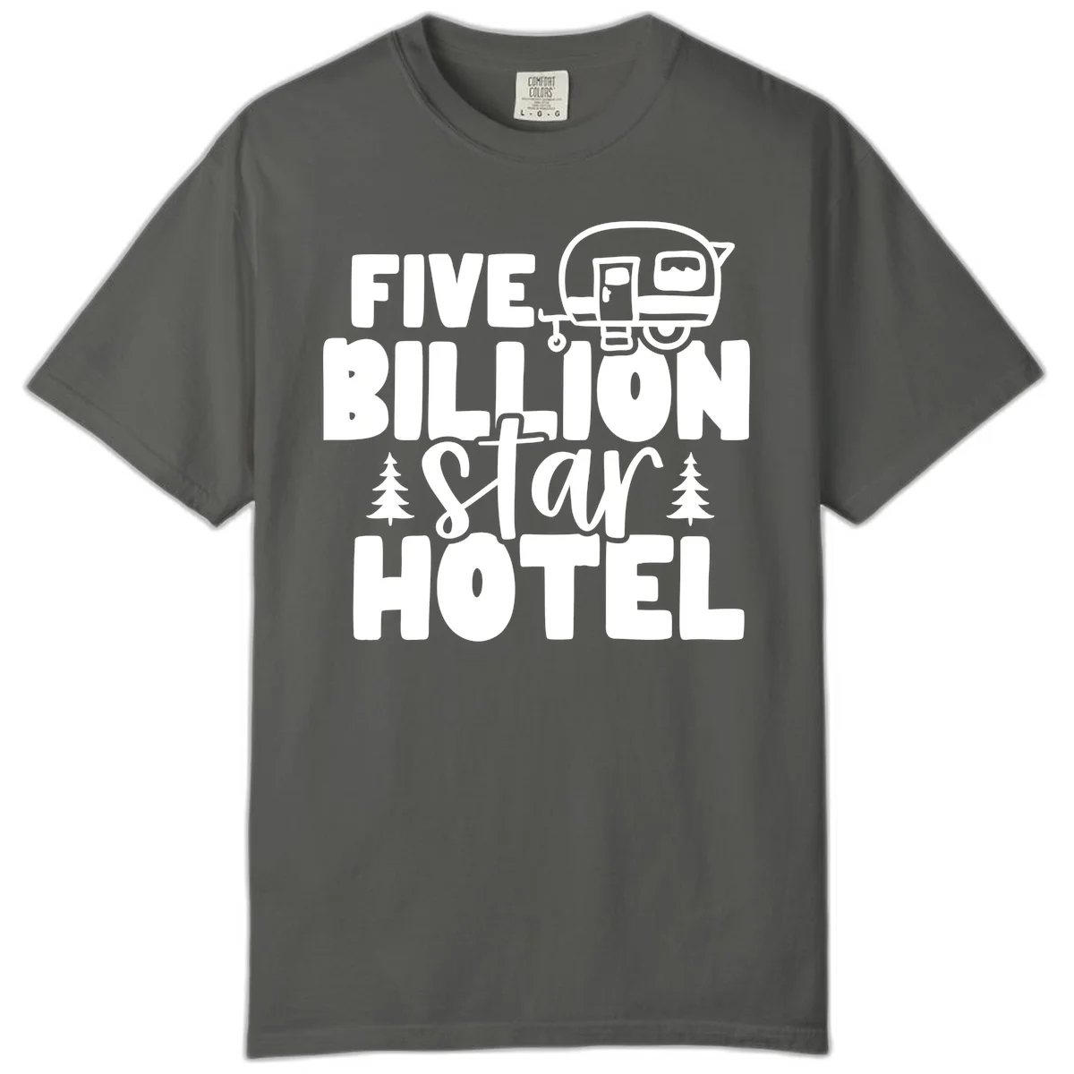 Vintage travel trailer design with 'Five Billion Star Hotel' text and pine trees on gray background in Pepper