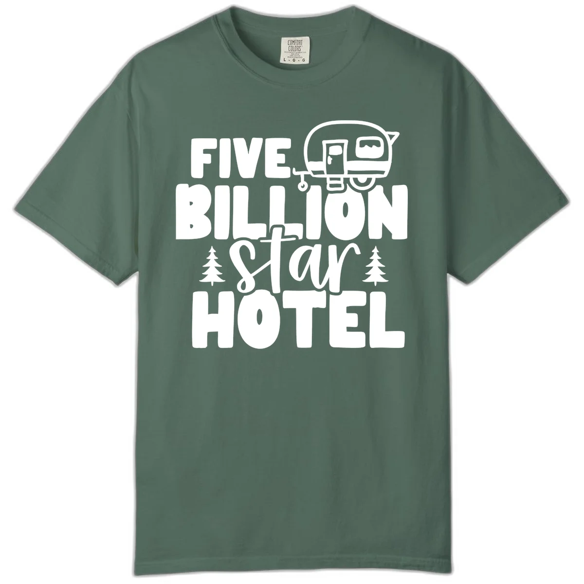 Vintage travel trailer design with 'Five Billion Star Hotel' text and pine trees on gray background in Blue Spruce