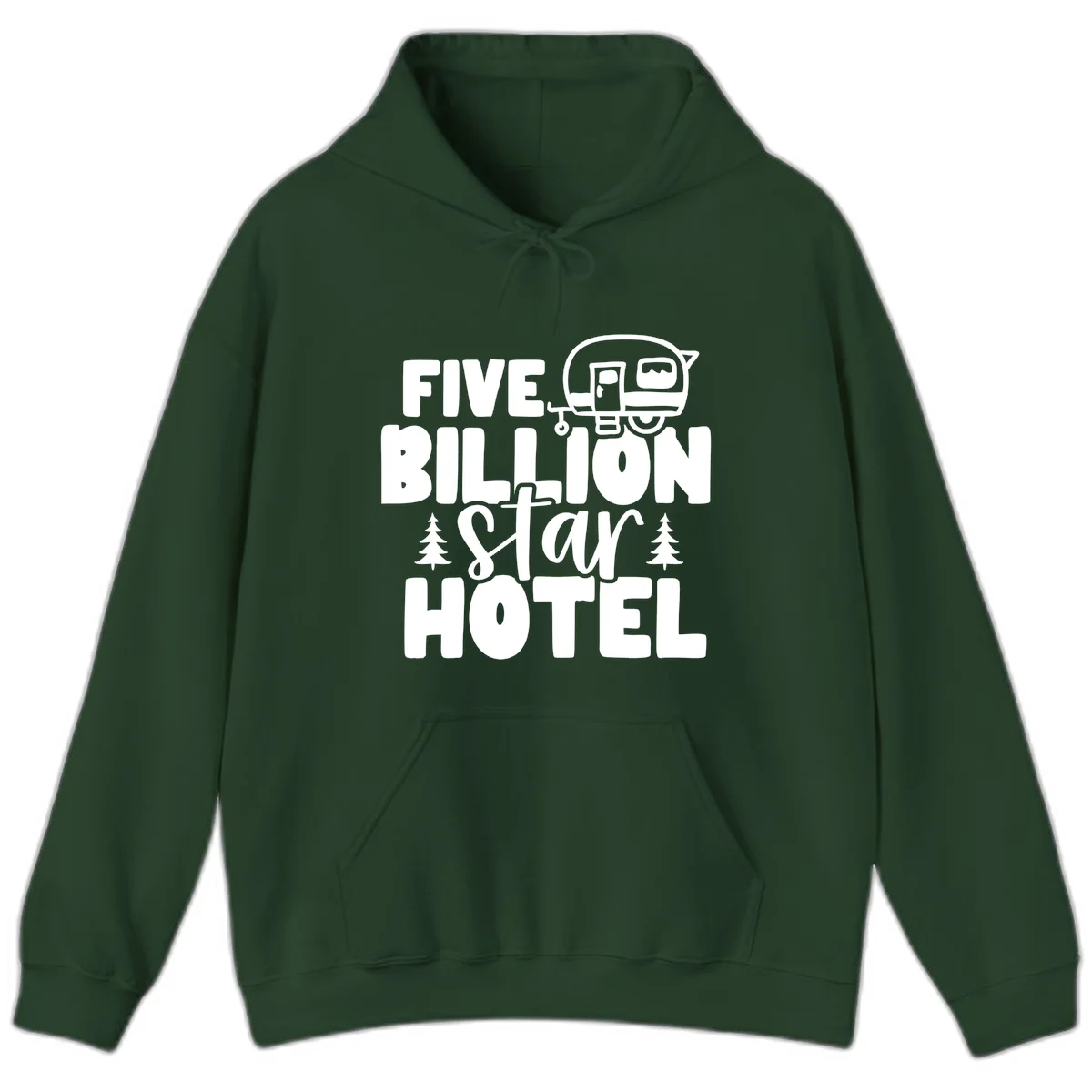 Vintage travel trailer design with 'Five Billion Star Hotel' text and pine trees on gray background in Forest Green