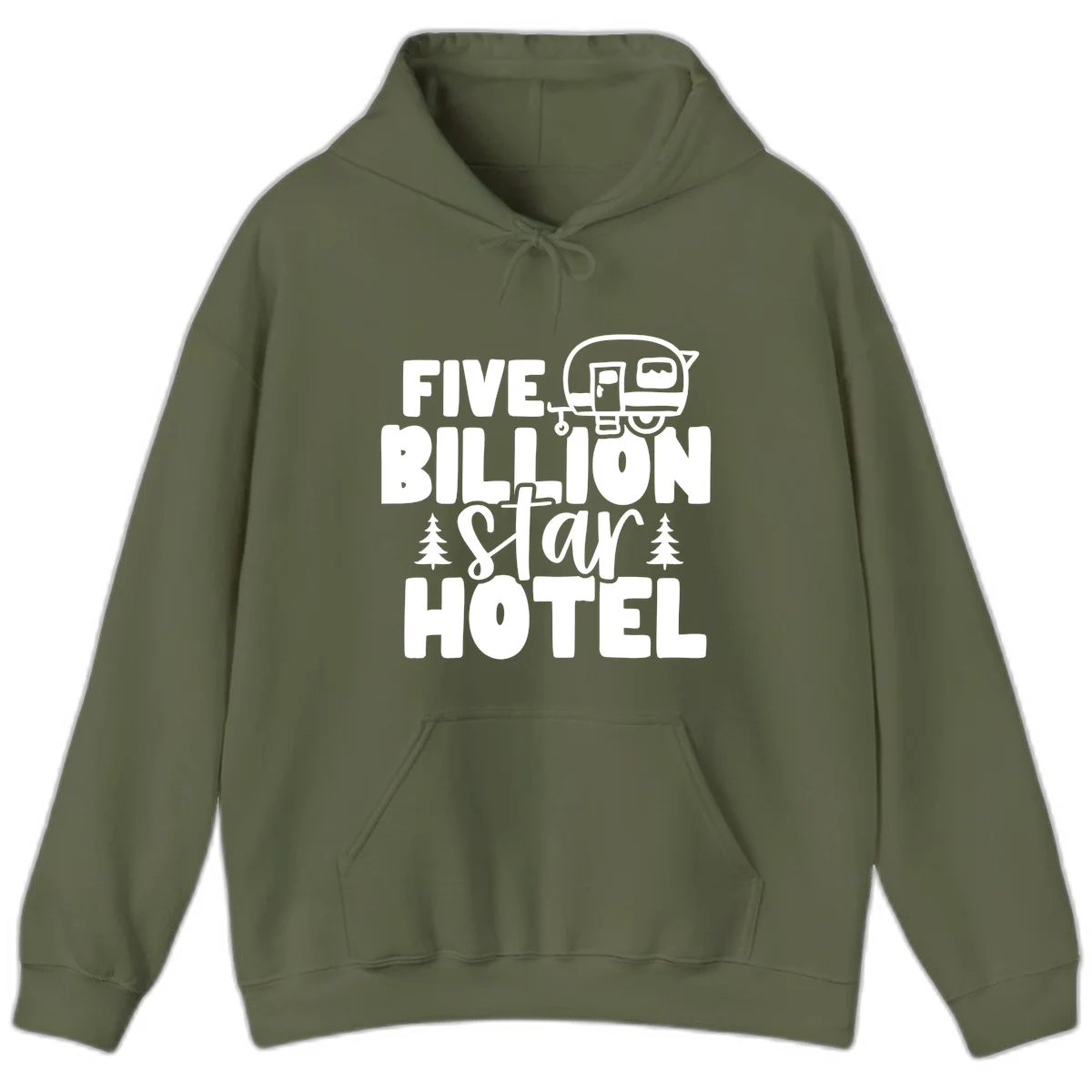 Vintage travel trailer design with 'Five Billion Star Hotel' text and pine trees on gray background in Military Green