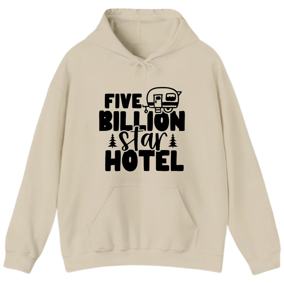 Vintage travel trailer design with 'Five Billion Star Hotel' text and pine trees on gray background in Sand