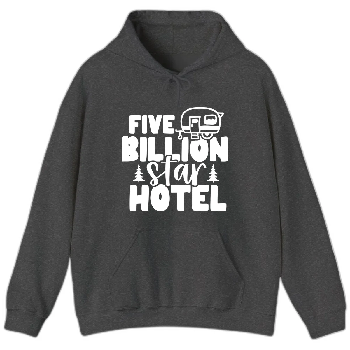 Vintage travel trailer design with 'Five Billion Star Hotel' text and pine trees on gray background in Dark Heather