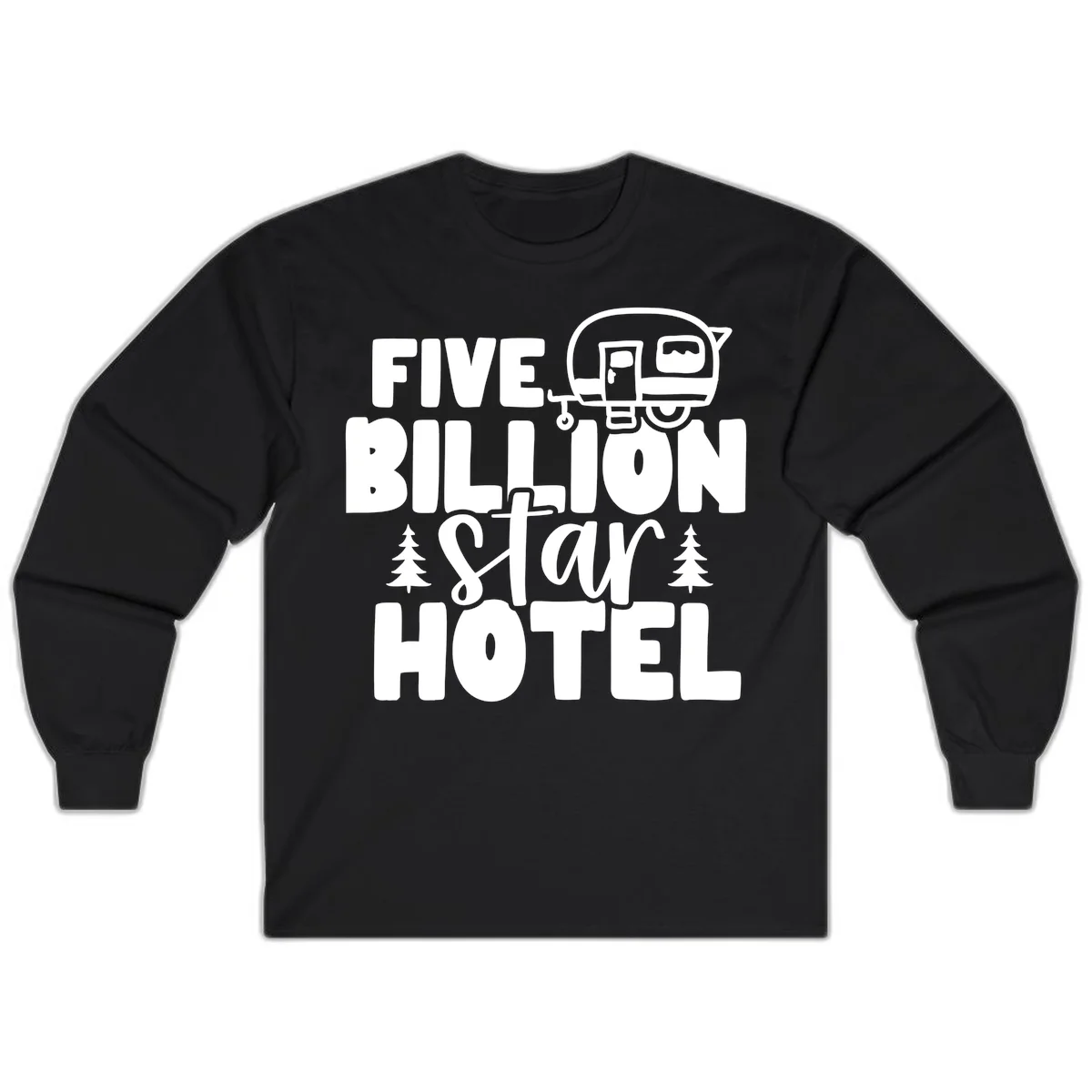 Vintage travel trailer design with 'Five Billion Star Hotel' text and pine trees on gray background in Black