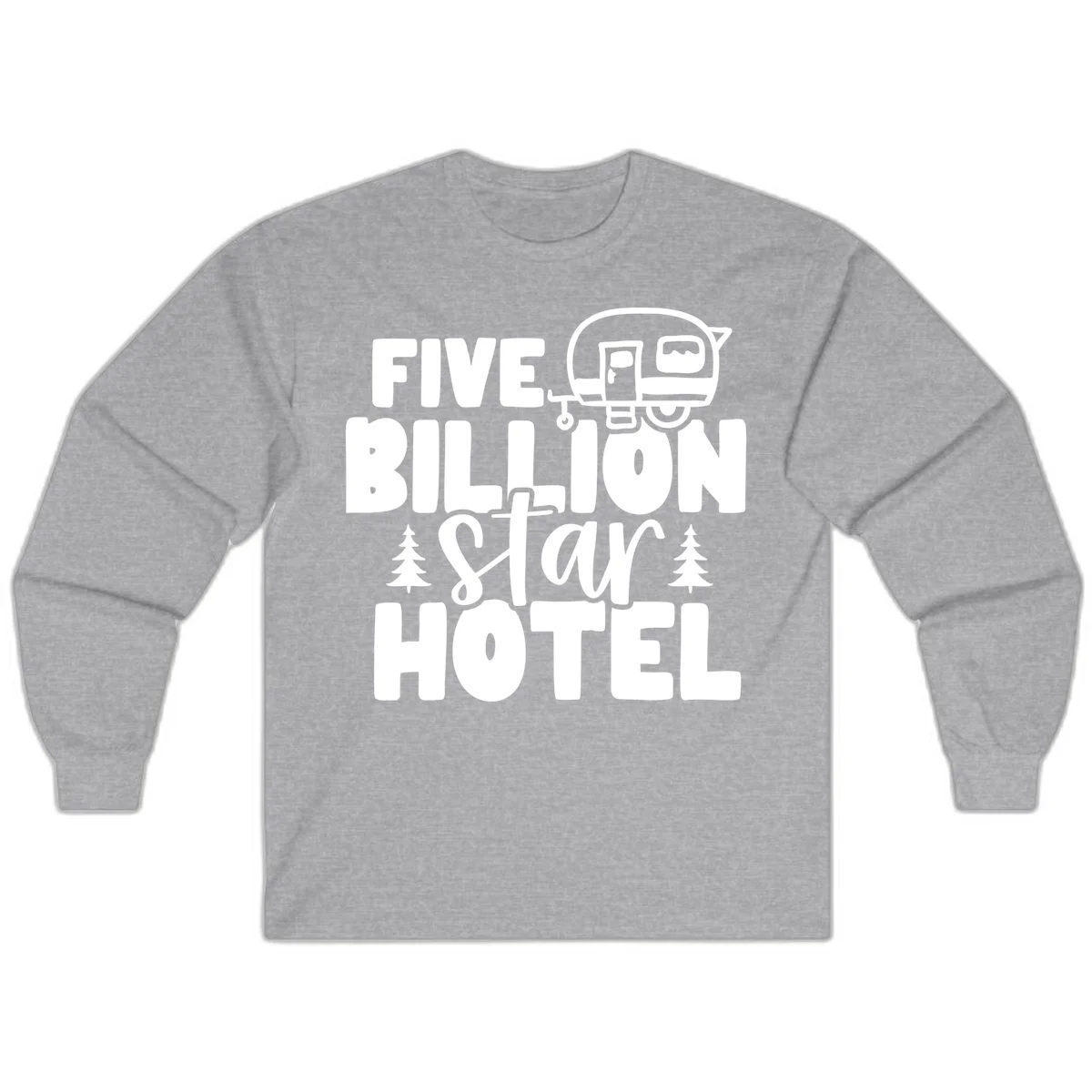Vintage travel trailer design with 'Five Billion Star Hotel' text and pine trees on gray background in Sport Grey
