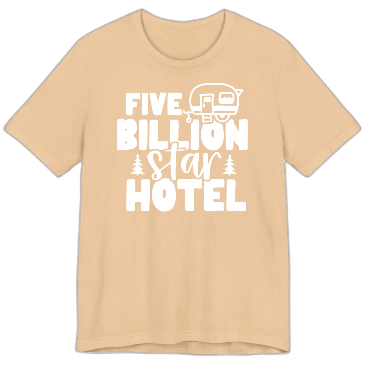 Vintage travel trailer design with 'Five Billion Star Hotel' text and pine trees on gray background in Sand Dune