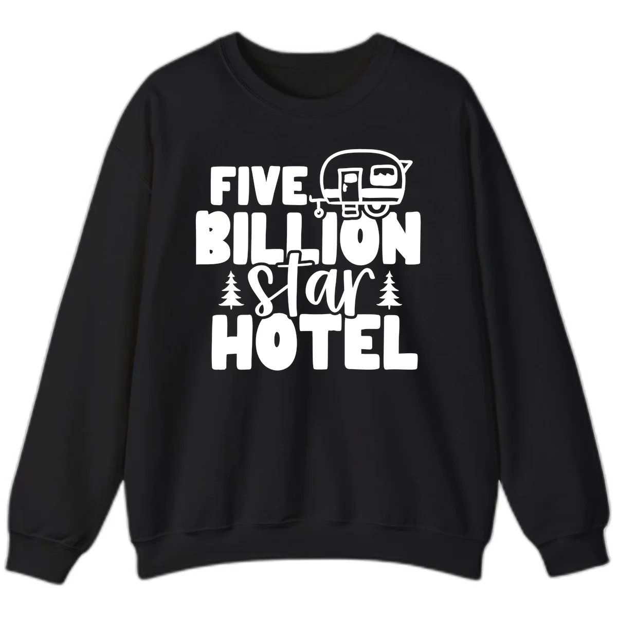 Vintage travel trailer design with 'Five Billion Star Hotel' text and pine trees on gray background in Black