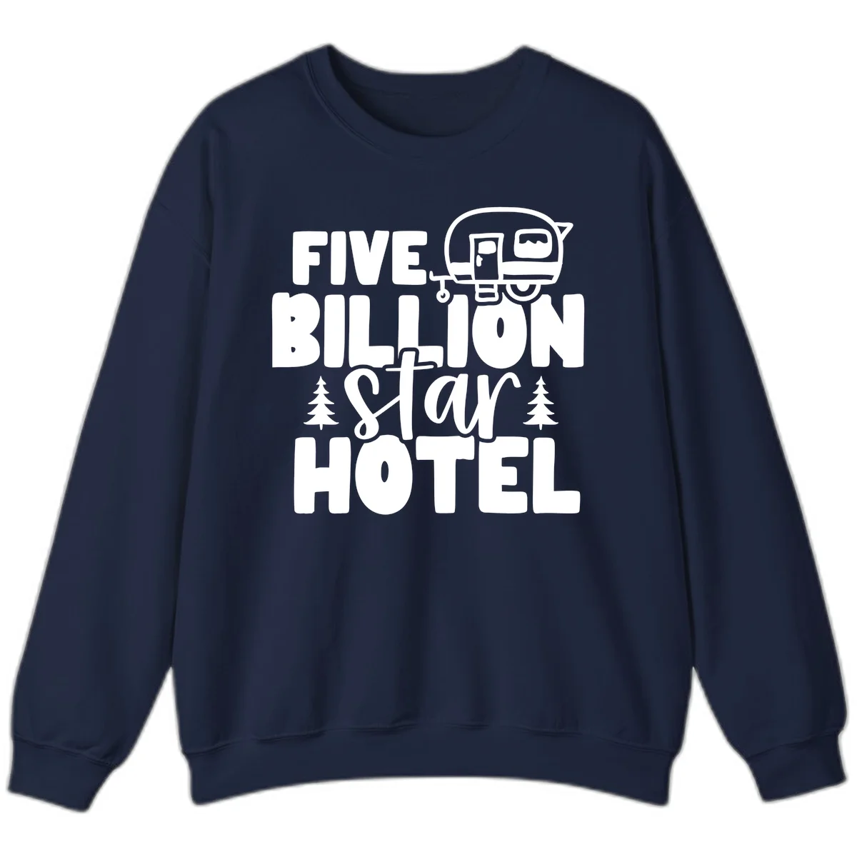 Vintage travel trailer design with 'Five Billion Star Hotel' text and pine trees on gray background in Navy