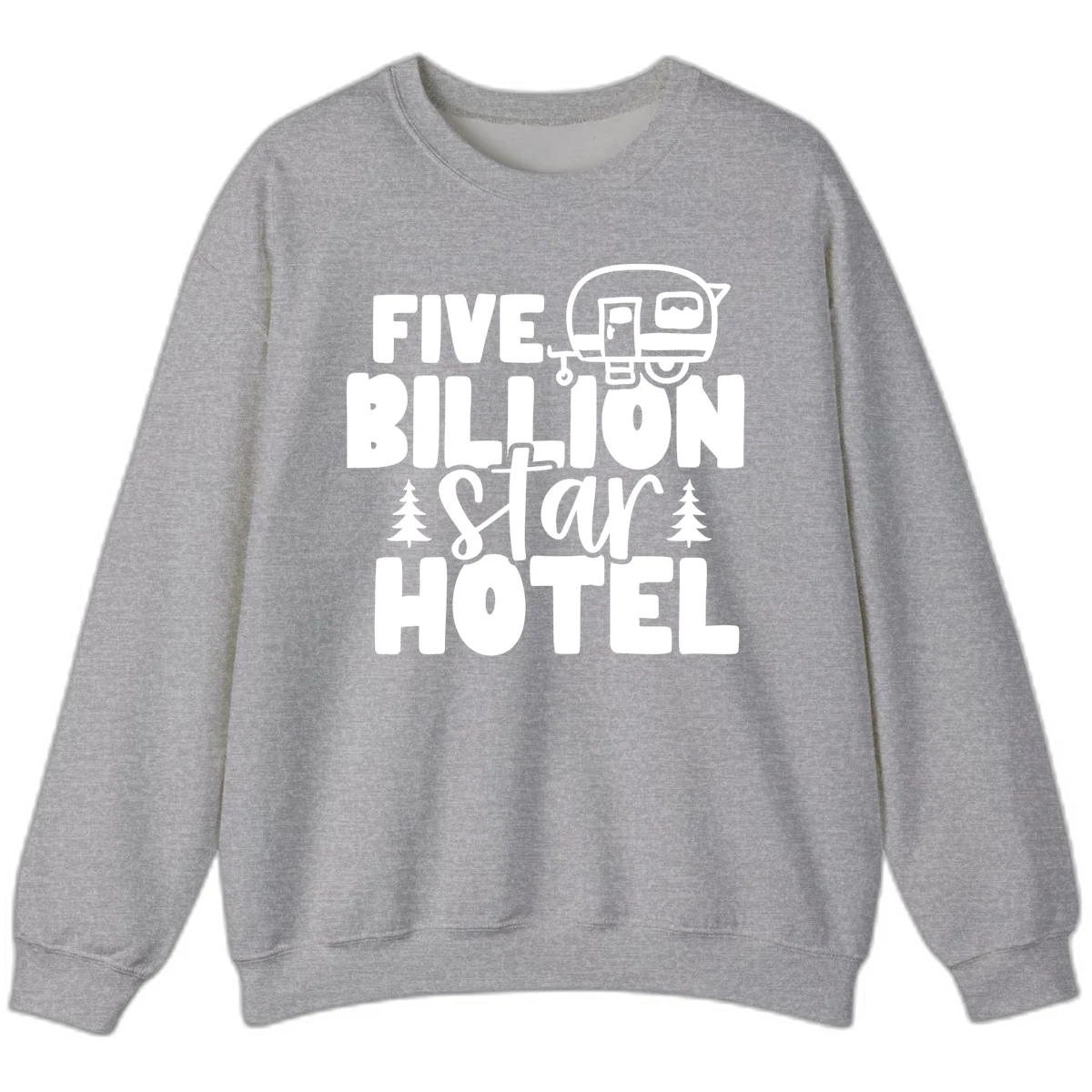 Vintage travel trailer design with 'Five Billion Star Hotel' text and pine trees on gray background in Sport Grey