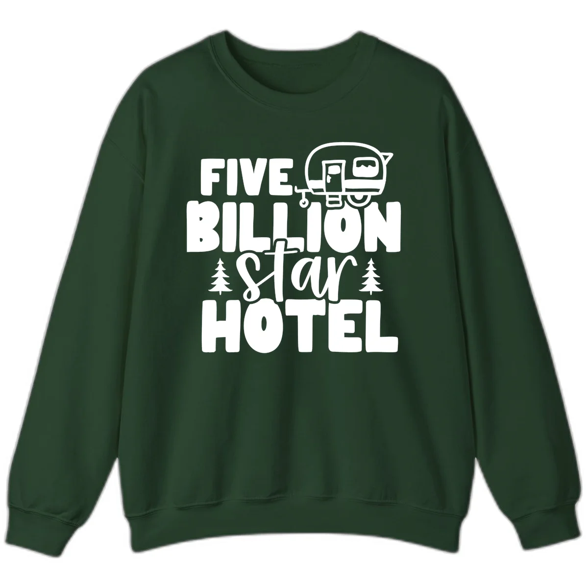 Vintage travel trailer design with 'Five Billion Star Hotel' text and pine trees on gray background in Forest Green