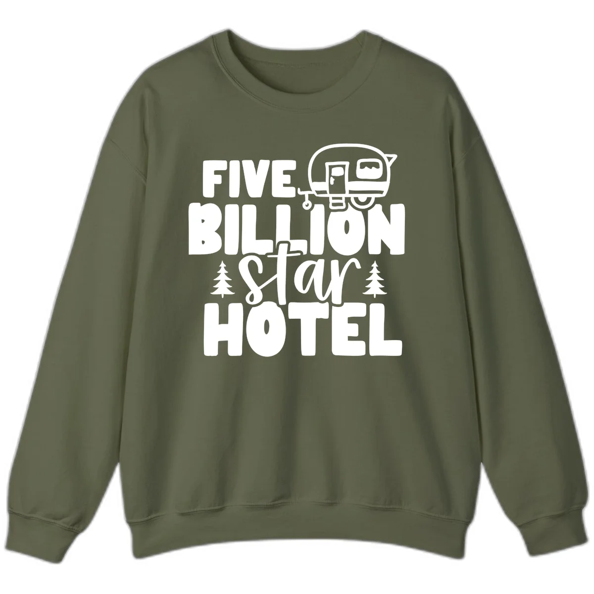 Vintage travel trailer design with 'Five Billion Star Hotel' text and pine trees on gray background in Military Green