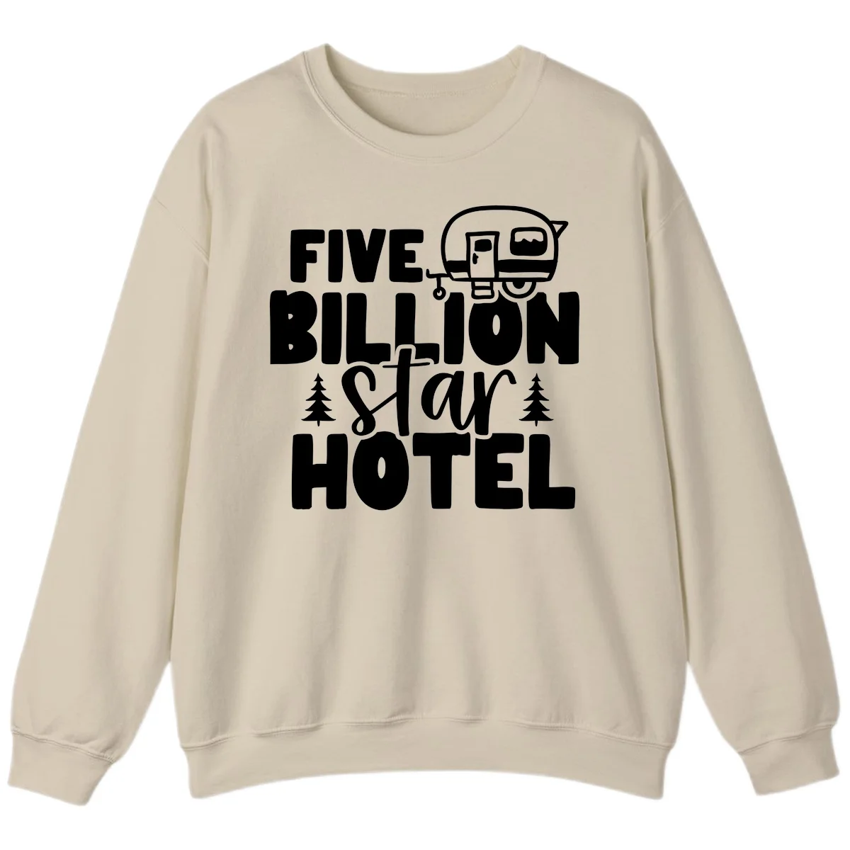 Vintage travel trailer design with 'Five Billion Star Hotel' text and pine trees on gray background in Sand