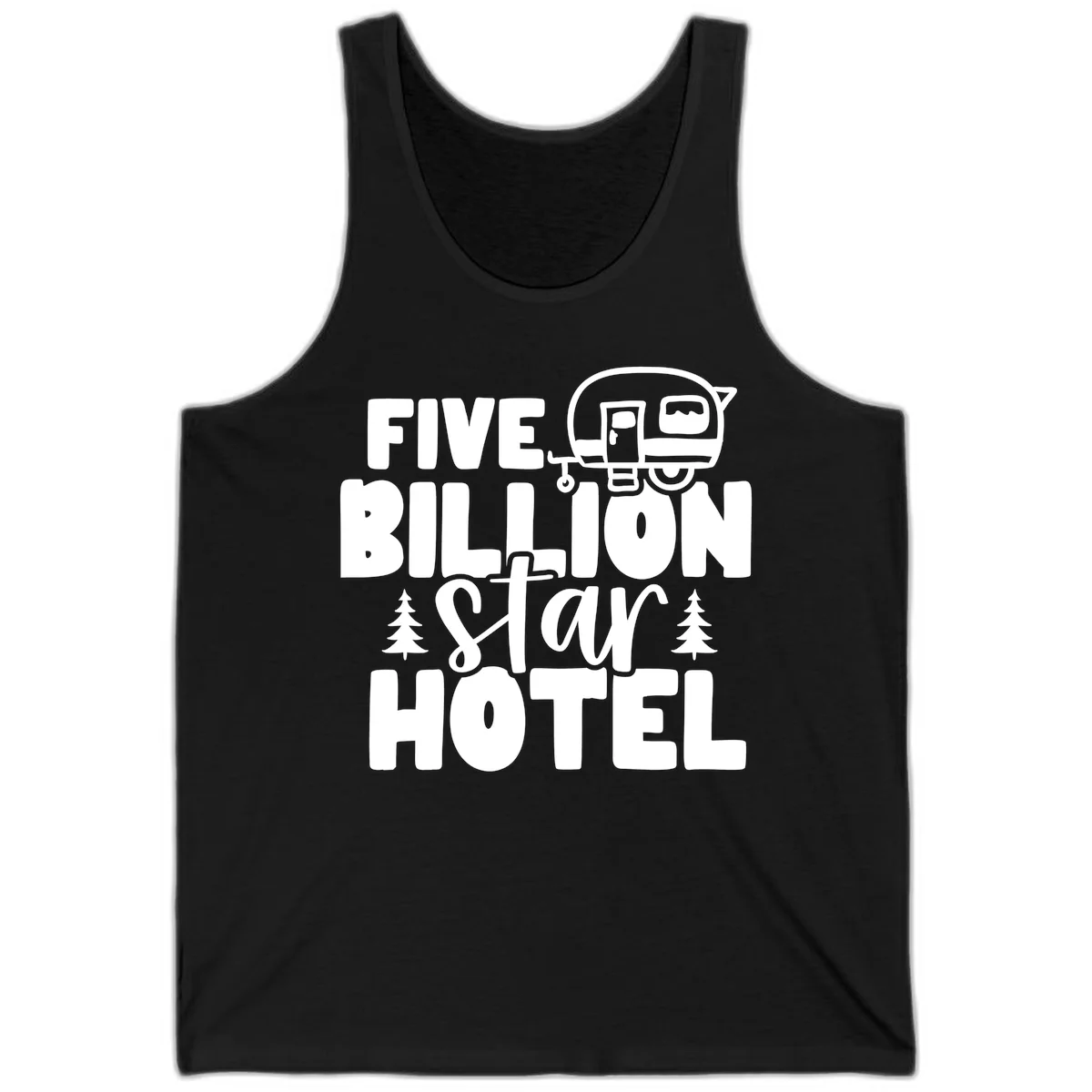 Vintage travel trailer design with 'Five Billion Star Hotel' text and pine trees on gray background in Black
