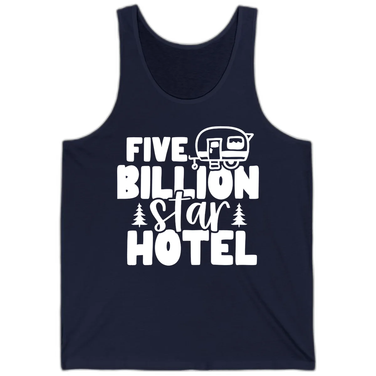 Vintage travel trailer design with 'Five Billion Star Hotel' text and pine trees on gray background in Navy
