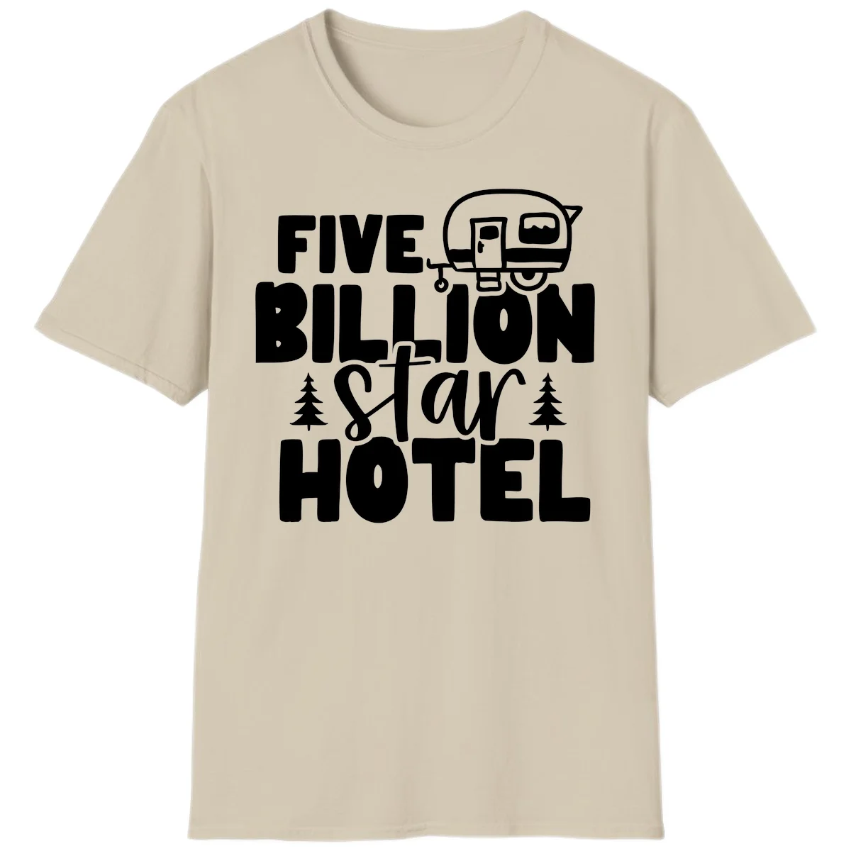 Vintage travel trailer design with 'Five Billion Star Hotel' text and pine trees on gray background in Sand