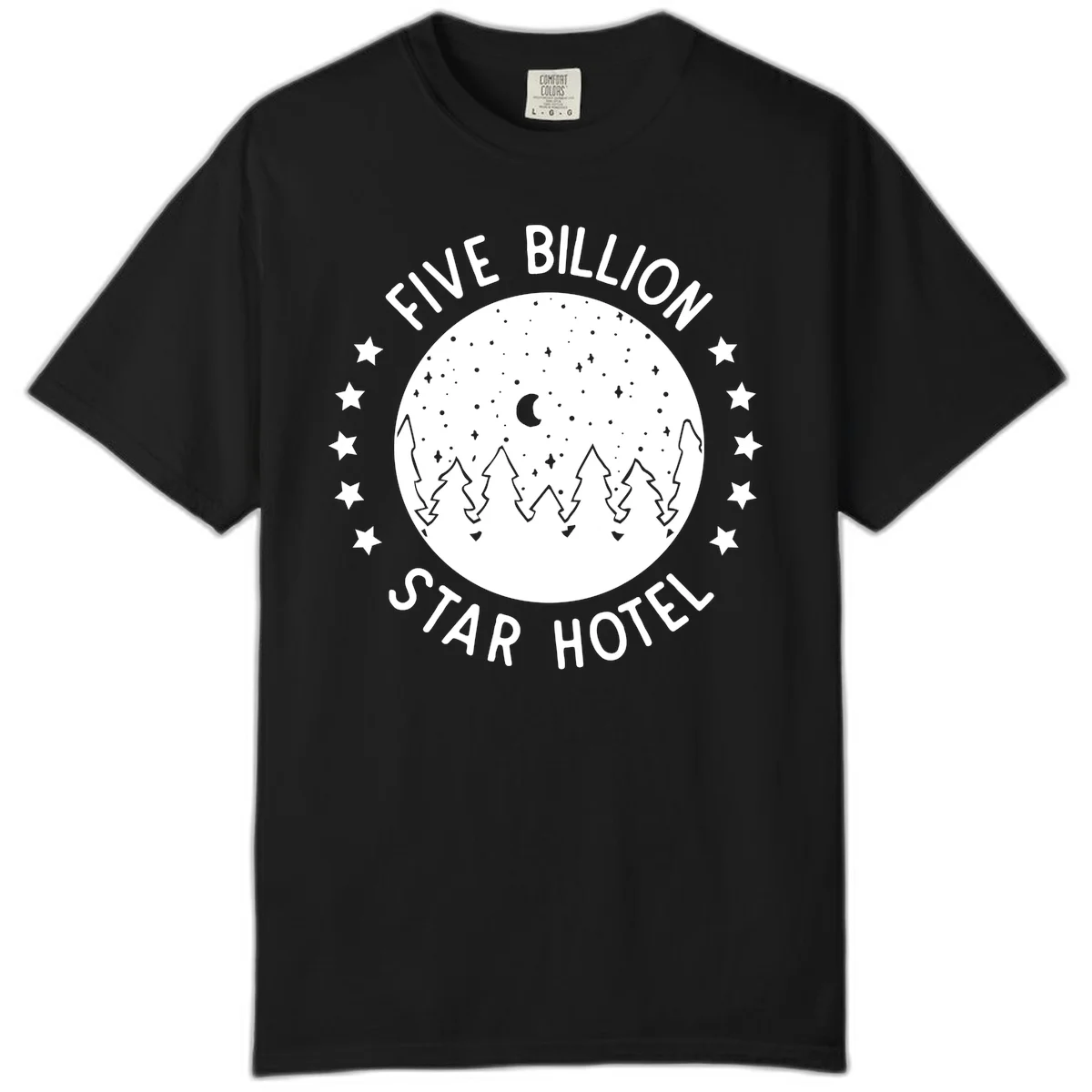 Illustration of crescent moon and pine forest with starry night sky, text reads Five Billion Star Hotel in Black