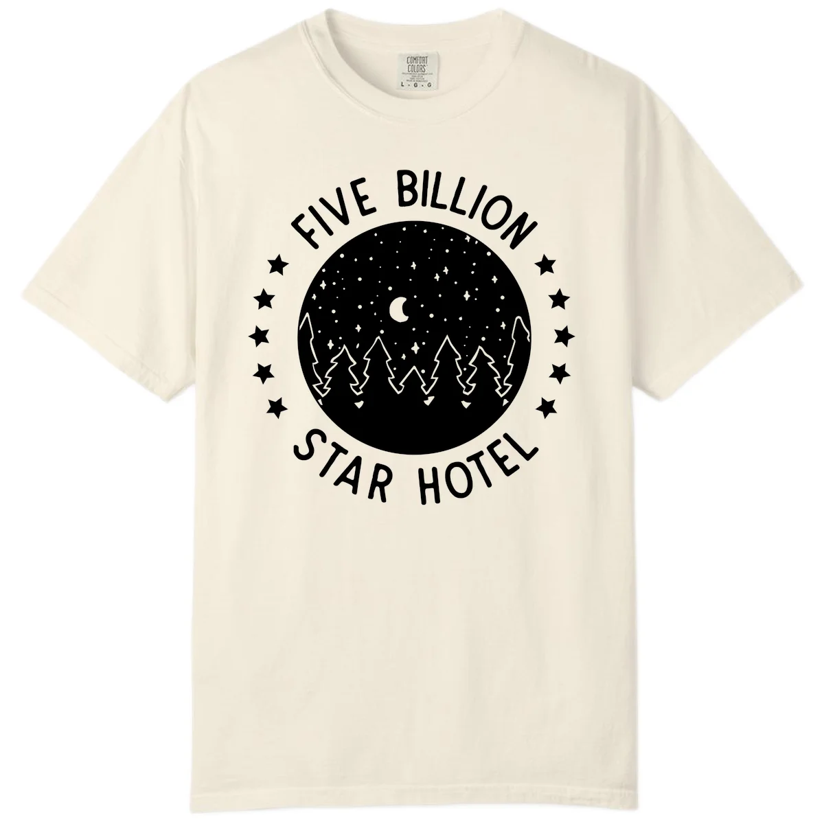 Illustration of crescent moon and pine forest with starry night sky, text reads Five Billion Star Hotel in Ivory