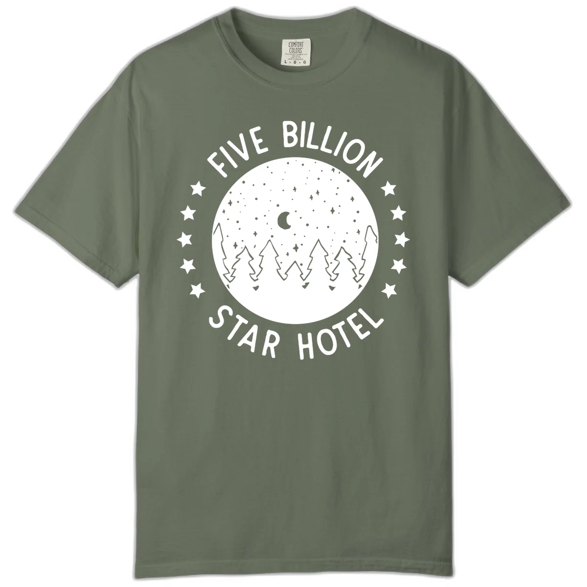 Illustration of crescent moon and pine forest with starry night sky, text reads Five Billion Star Hotel in Moss