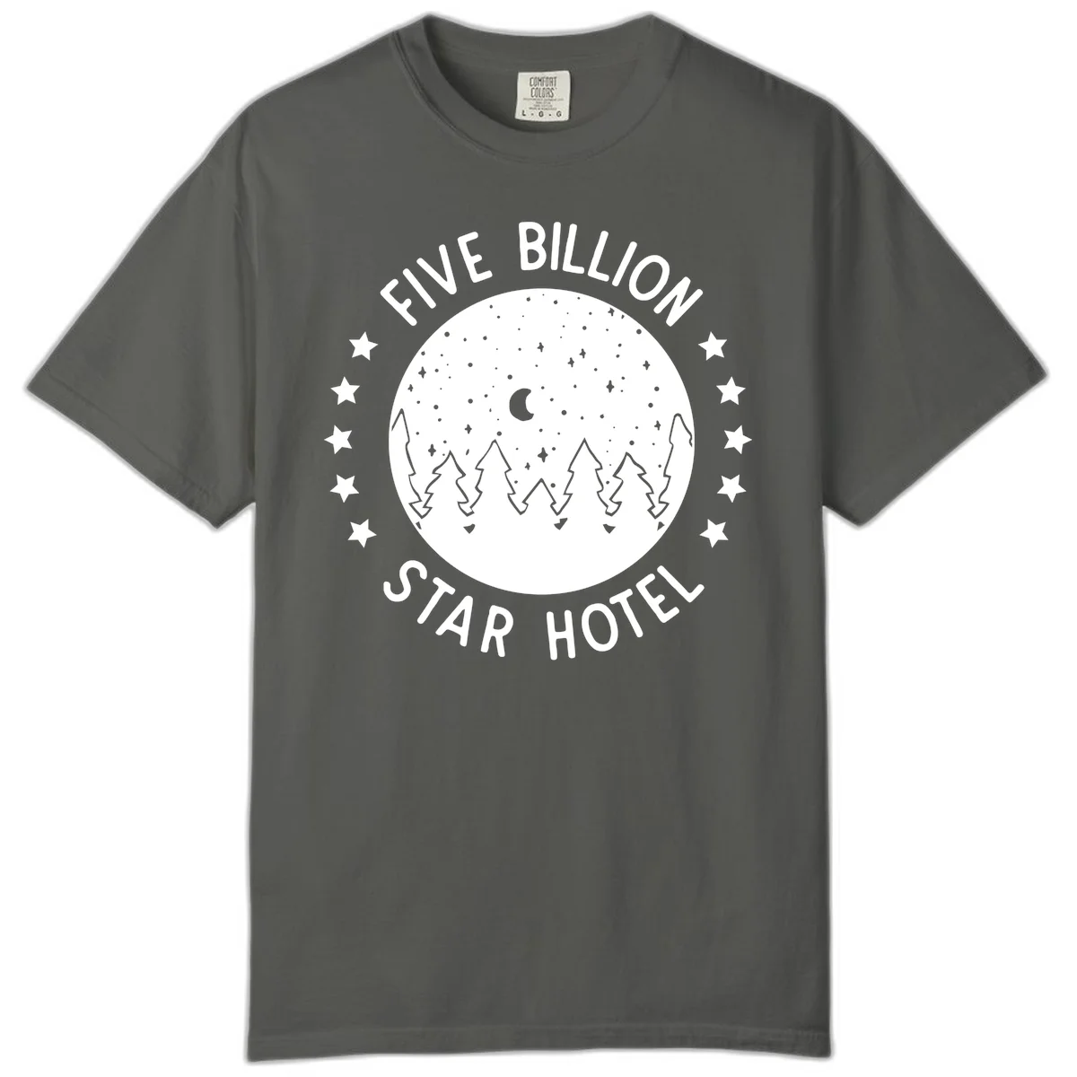 Illustration of crescent moon and pine forest with starry night sky, text reads Five Billion Star Hotel in Pepper