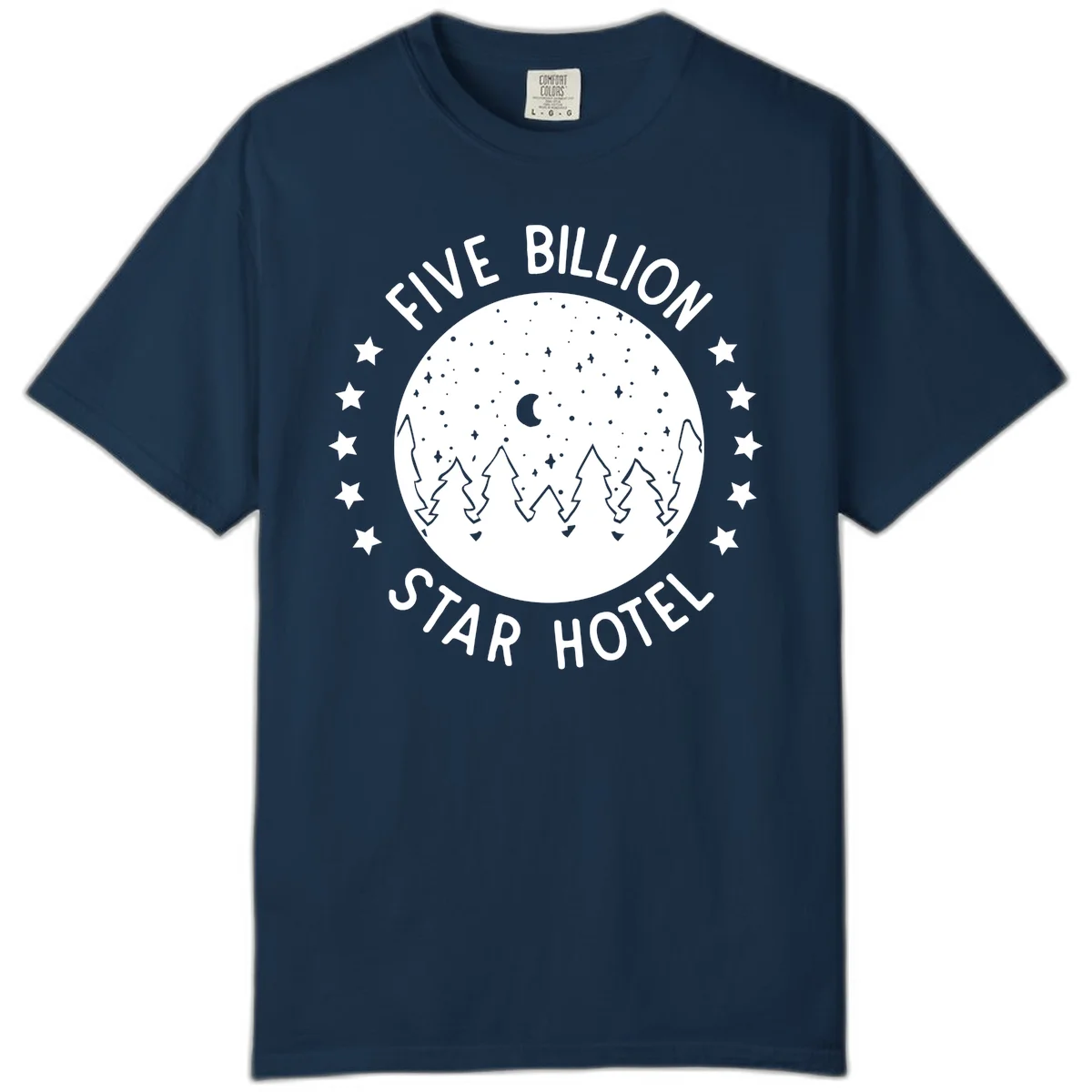 Illustration of crescent moon and pine forest with starry night sky, text reads Five Billion Star Hotel in True Navy