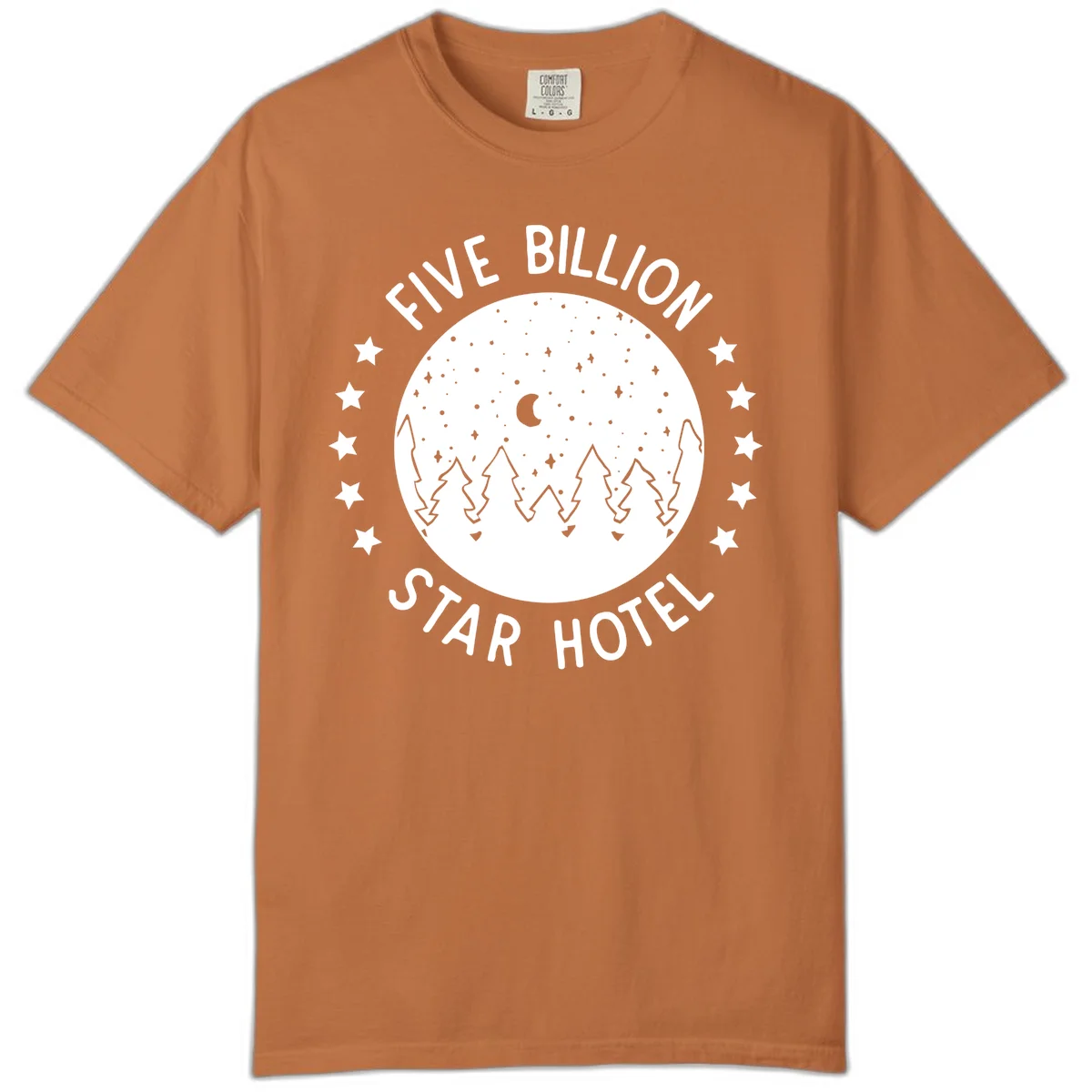 Illustration of crescent moon and pine forest with starry night sky, text reads Five Billion Star Hotel in Yam