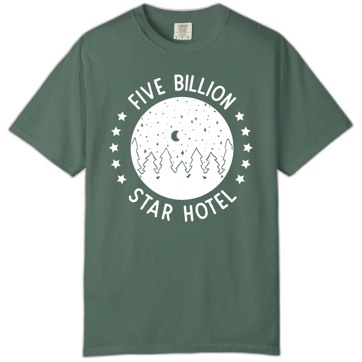 Illustration of crescent moon and pine forest with starry night sky, text reads Five Billion Star Hotel in Blue Spruce