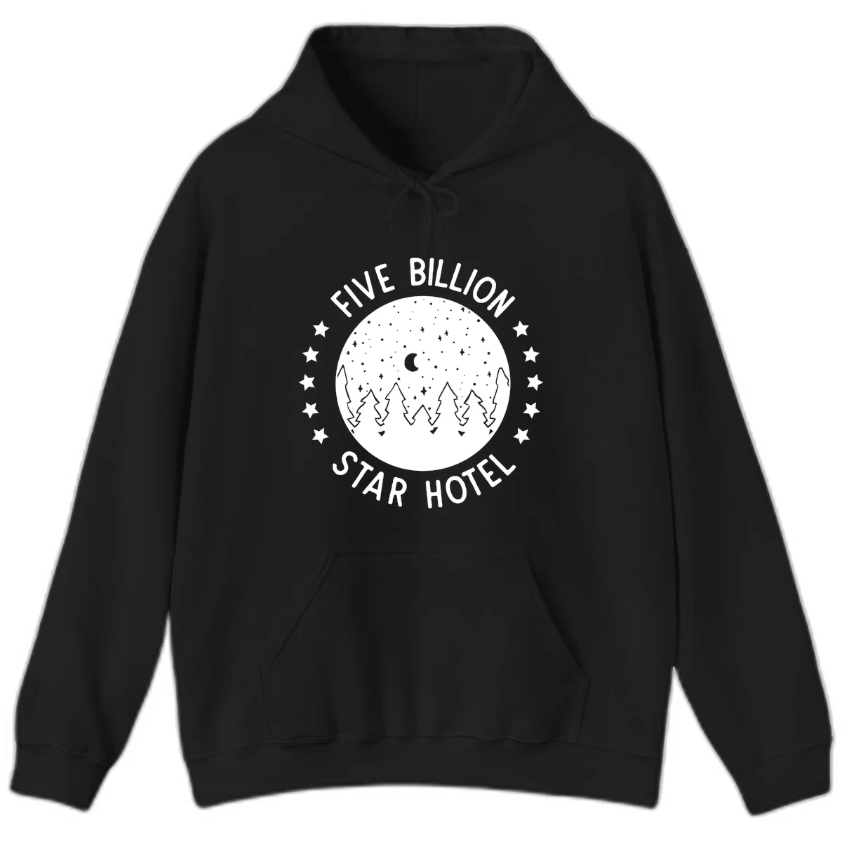 Illustration of crescent moon and pine forest with starry night sky, text reads Five Billion Star Hotel in Black