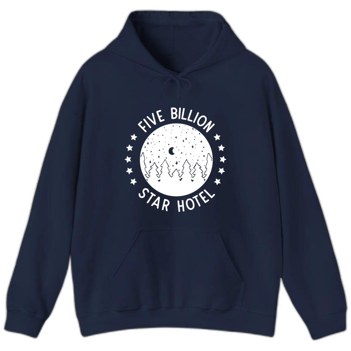 Illustration of crescent moon and pine forest with starry night sky, text reads Five Billion Star Hotel in Navy