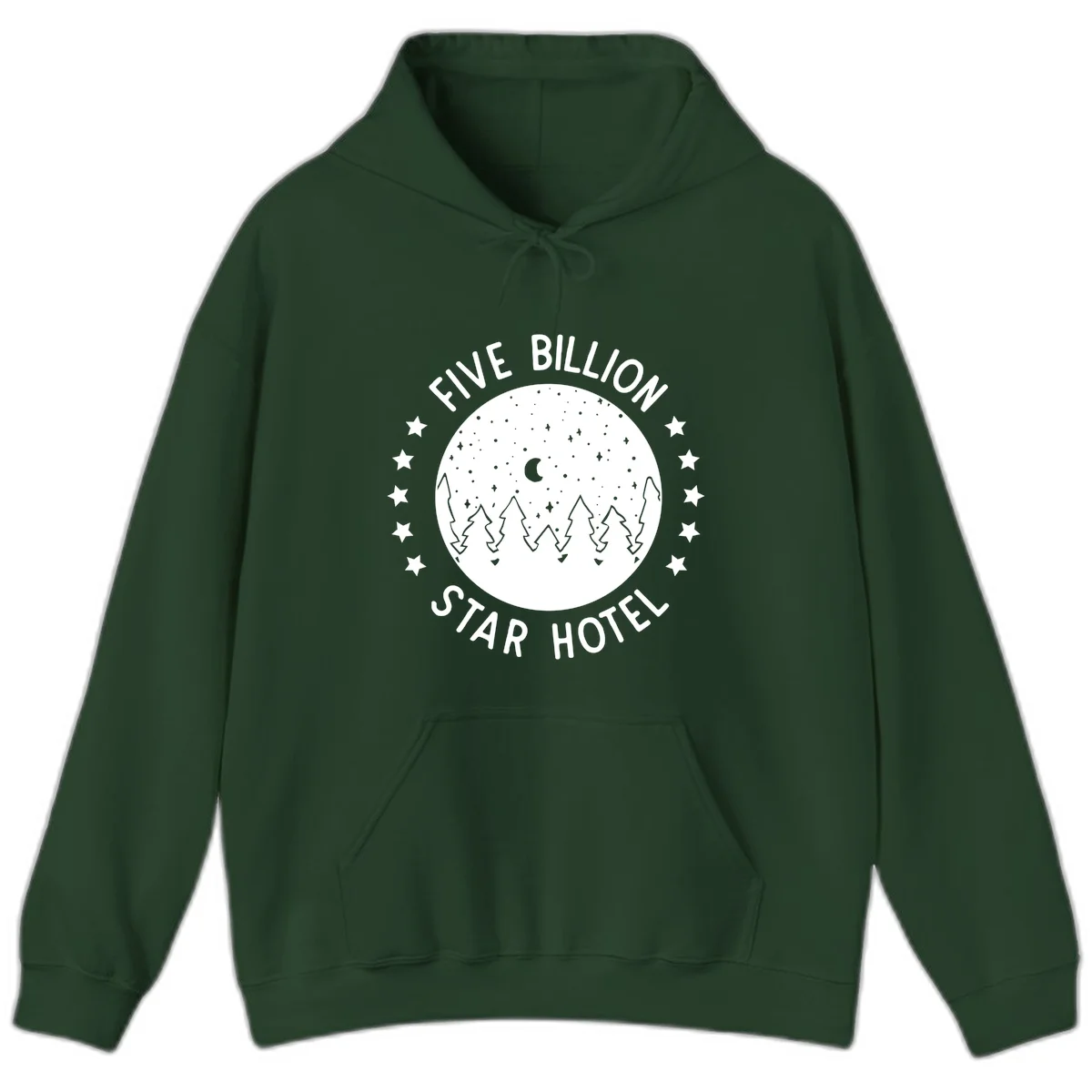 Illustration of crescent moon and pine forest with starry night sky, text reads Five Billion Star Hotel in Forest Green