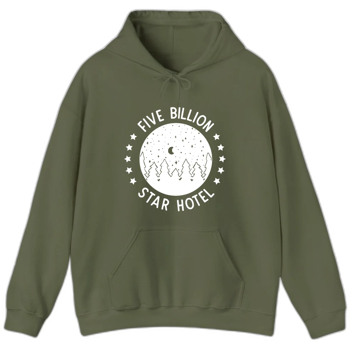 Illustration of crescent moon and pine forest with starry night sky, text reads Five Billion Star Hotel in Military Green