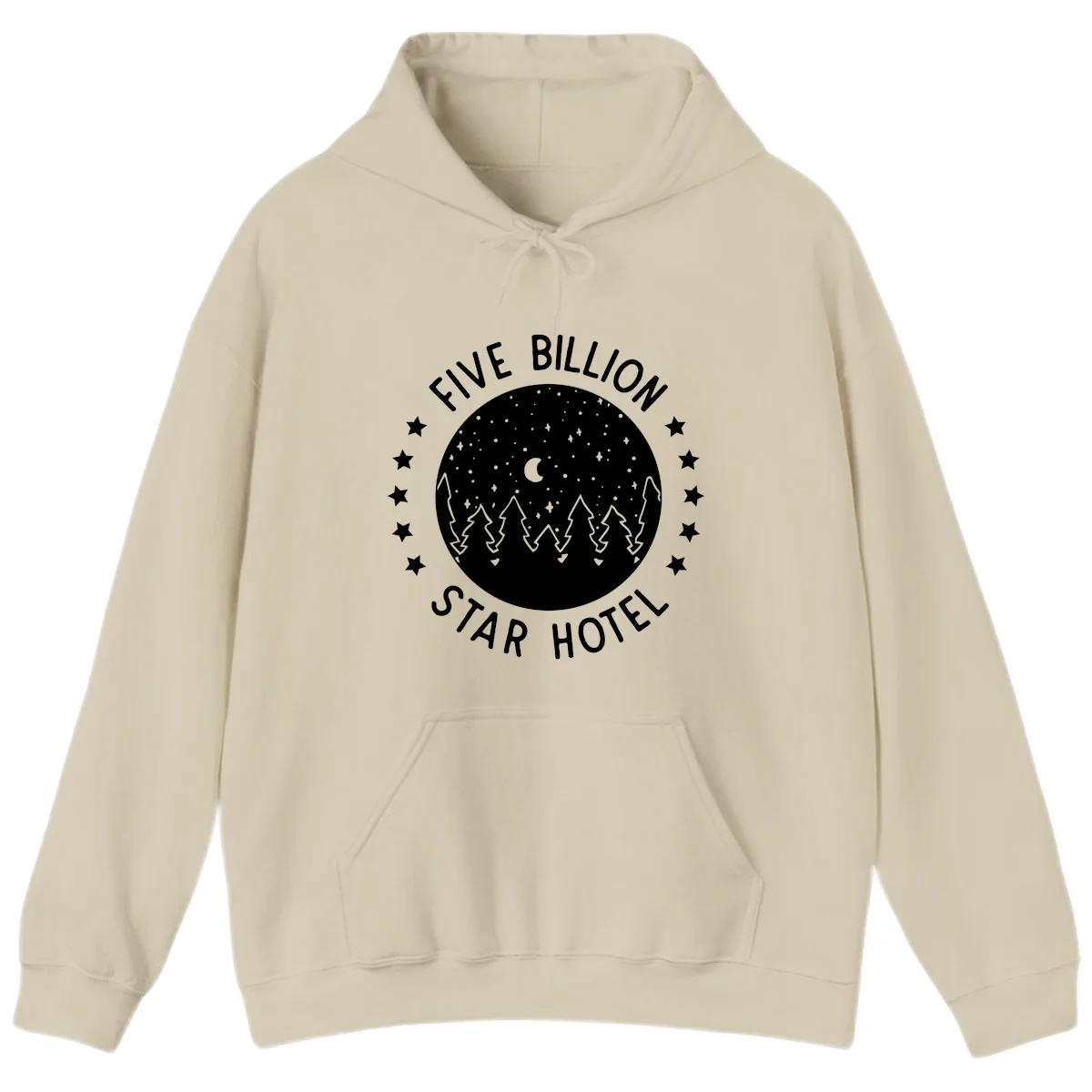 Illustration of crescent moon and pine forest with starry night sky, text reads Five Billion Star Hotel in Sand