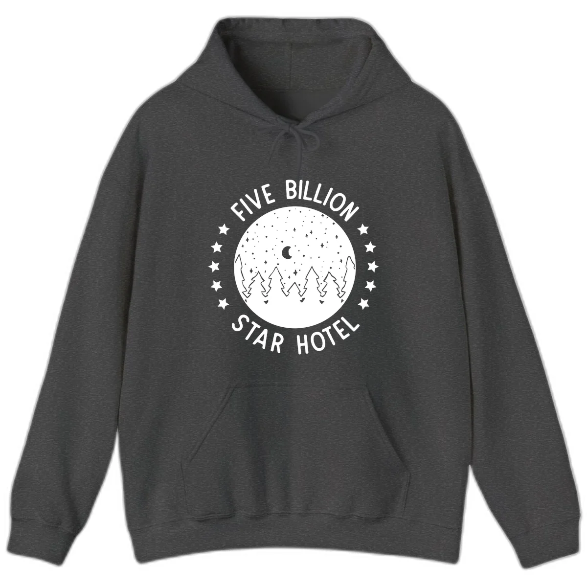 Illustration of crescent moon and pine forest with starry night sky, text reads Five Billion Star Hotel in Dark Heather