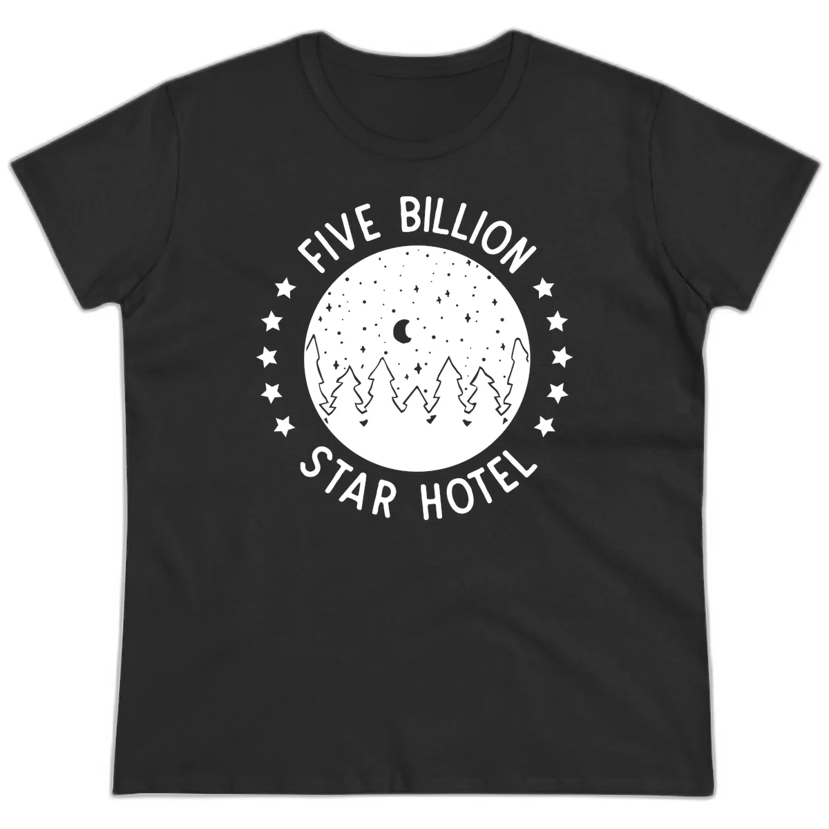 Illustration of crescent moon and pine forest with starry night sky, text reads Five Billion Star Hotel in Black