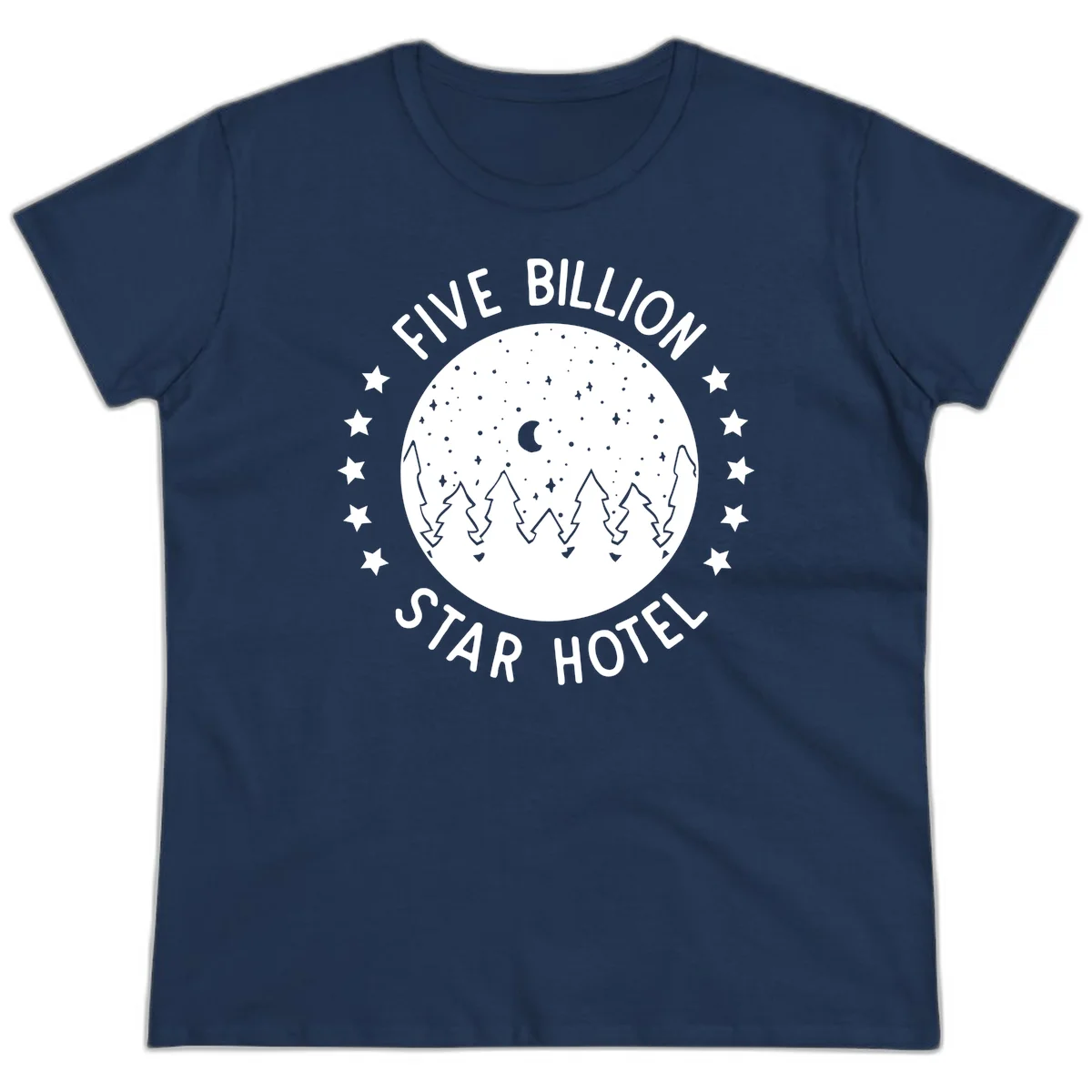 Illustration of crescent moon and pine forest with starry night sky, text reads Five Billion Star Hotel in Navy