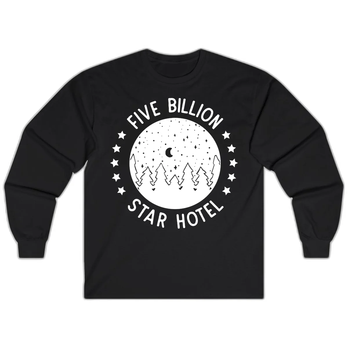 Illustration of crescent moon and pine forest with starry night sky, text reads Five Billion Star Hotel in Black