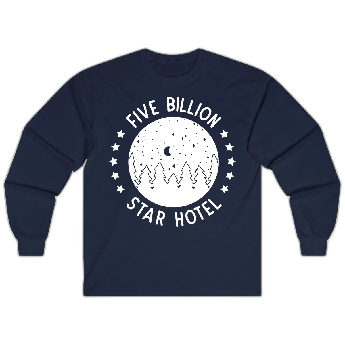 Illustration of crescent moon and pine forest with starry night sky, text reads Five Billion Star Hotel in Navy