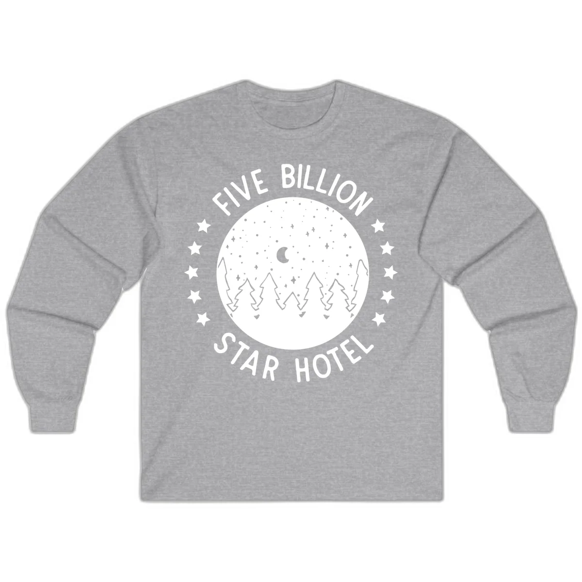 Illustration of crescent moon and pine forest with starry night sky, text reads Five Billion Star Hotel in Sport Grey