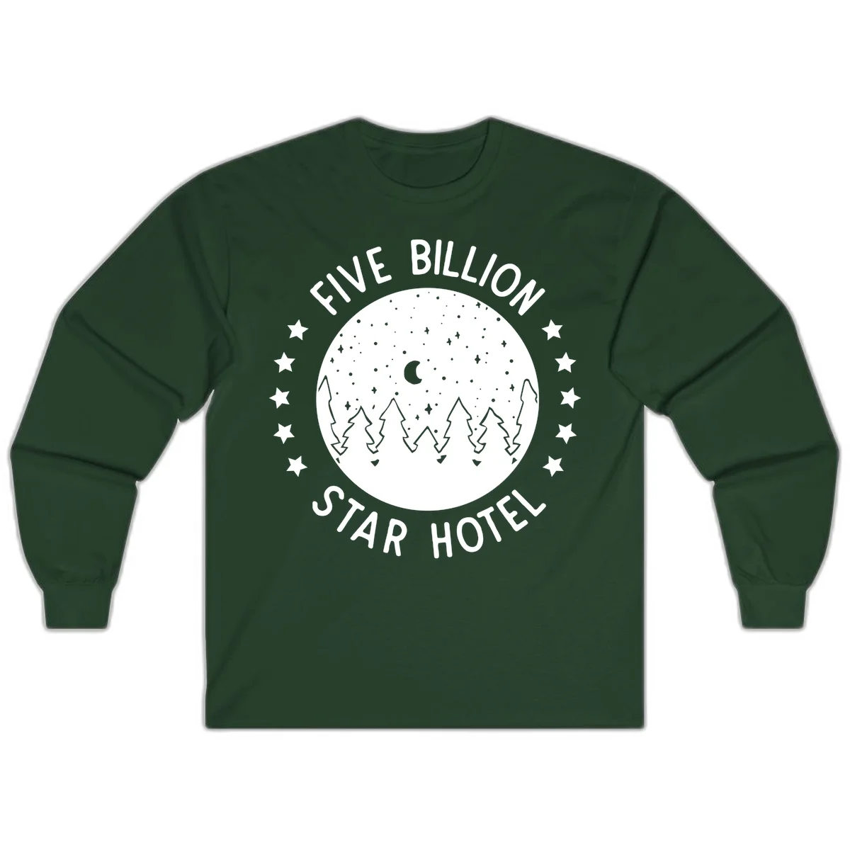 Illustration of crescent moon and pine forest with starry night sky, text reads Five Billion Star Hotel in Forest Green