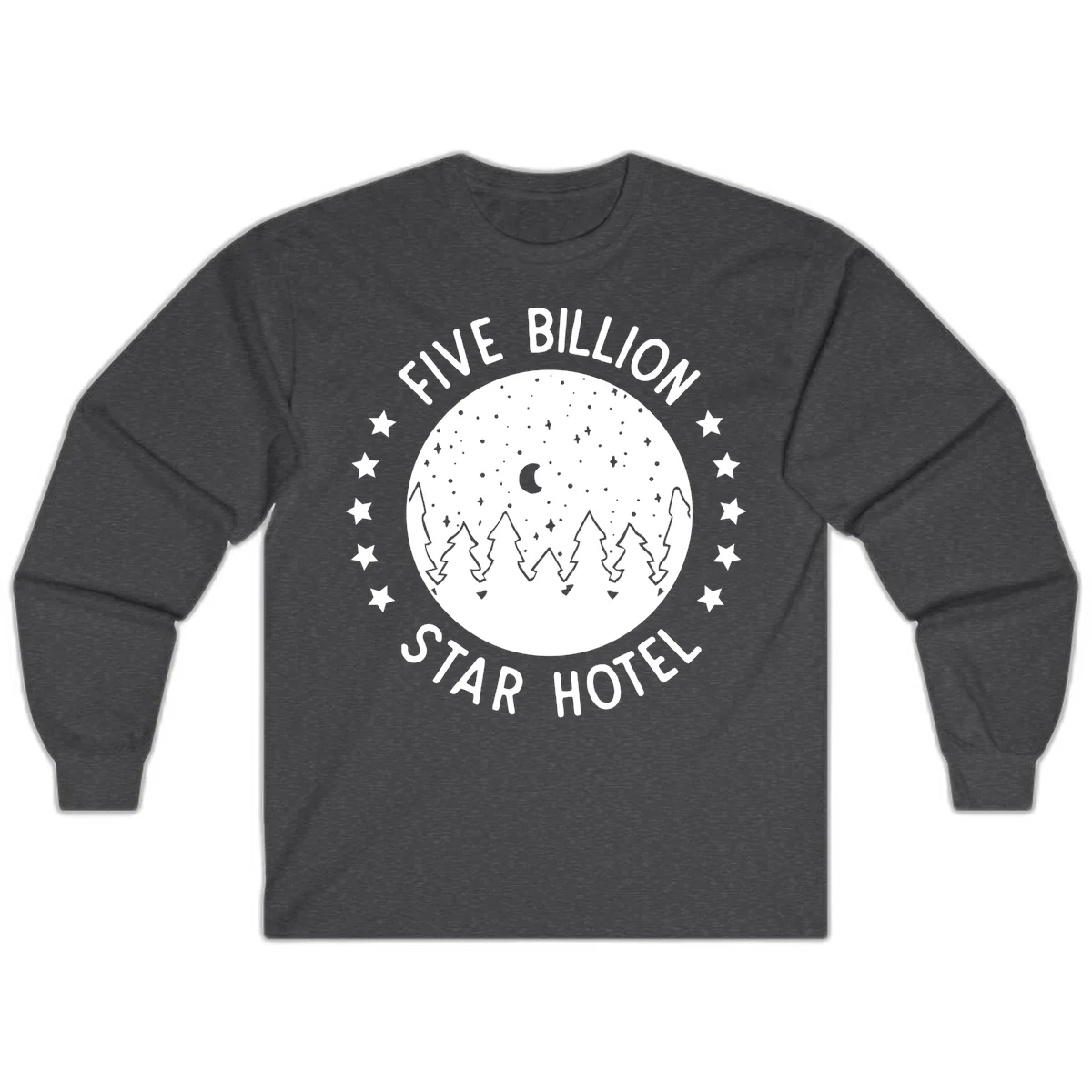 Illustration of crescent moon and pine forest with starry night sky, text reads Five Billion Star Hotel in Dark Heather