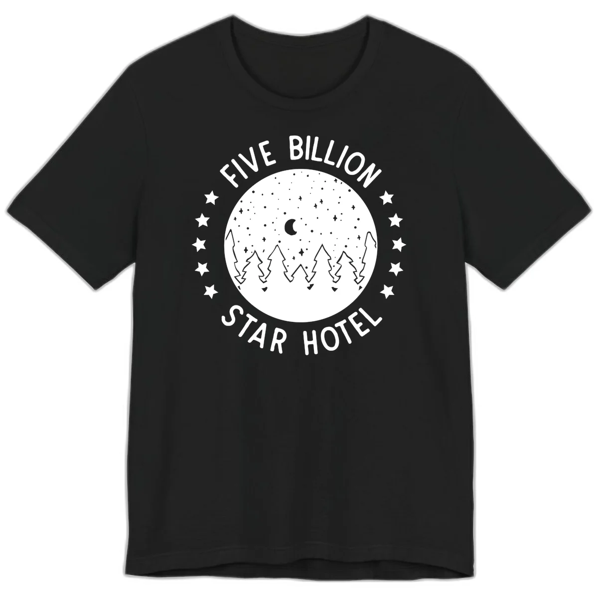 Illustration of crescent moon and pine forest with starry night sky, text reads Five Billion Star Hotel in Black