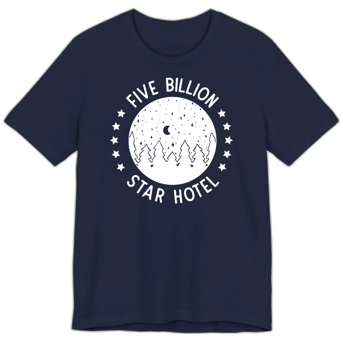 Illustration of crescent moon and pine forest with starry night sky, text reads Five Billion Star Hotel in Navy