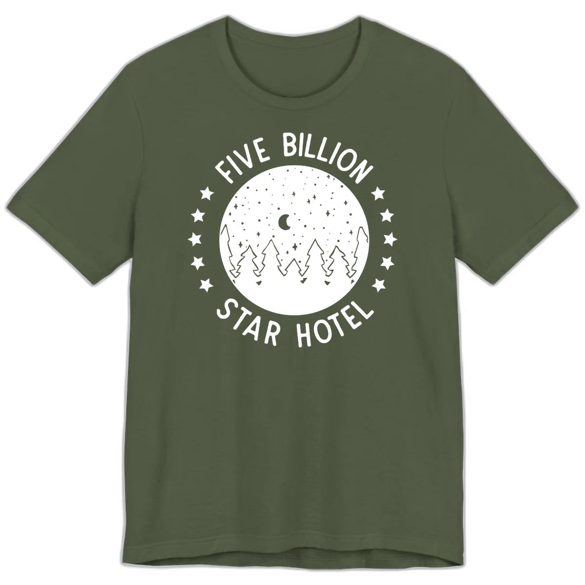 Illustration of crescent moon and pine forest with starry night sky, text reads Five Billion Star Hotel in Military Green