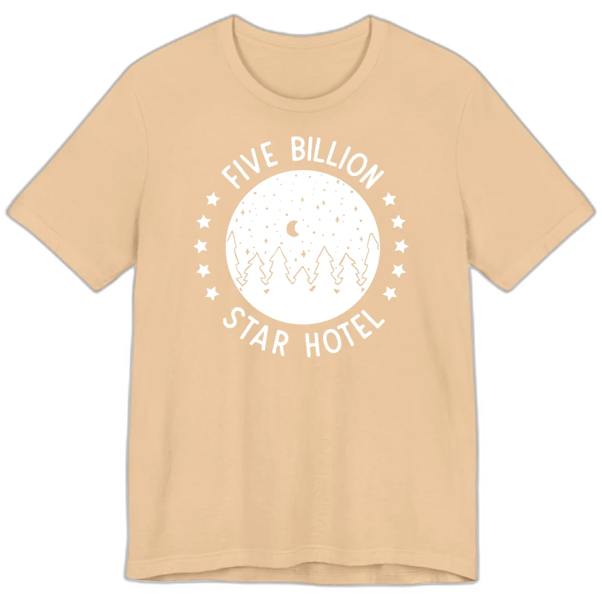 Illustration of crescent moon and pine forest with starry night sky, text reads Five Billion Star Hotel in Sand Dune