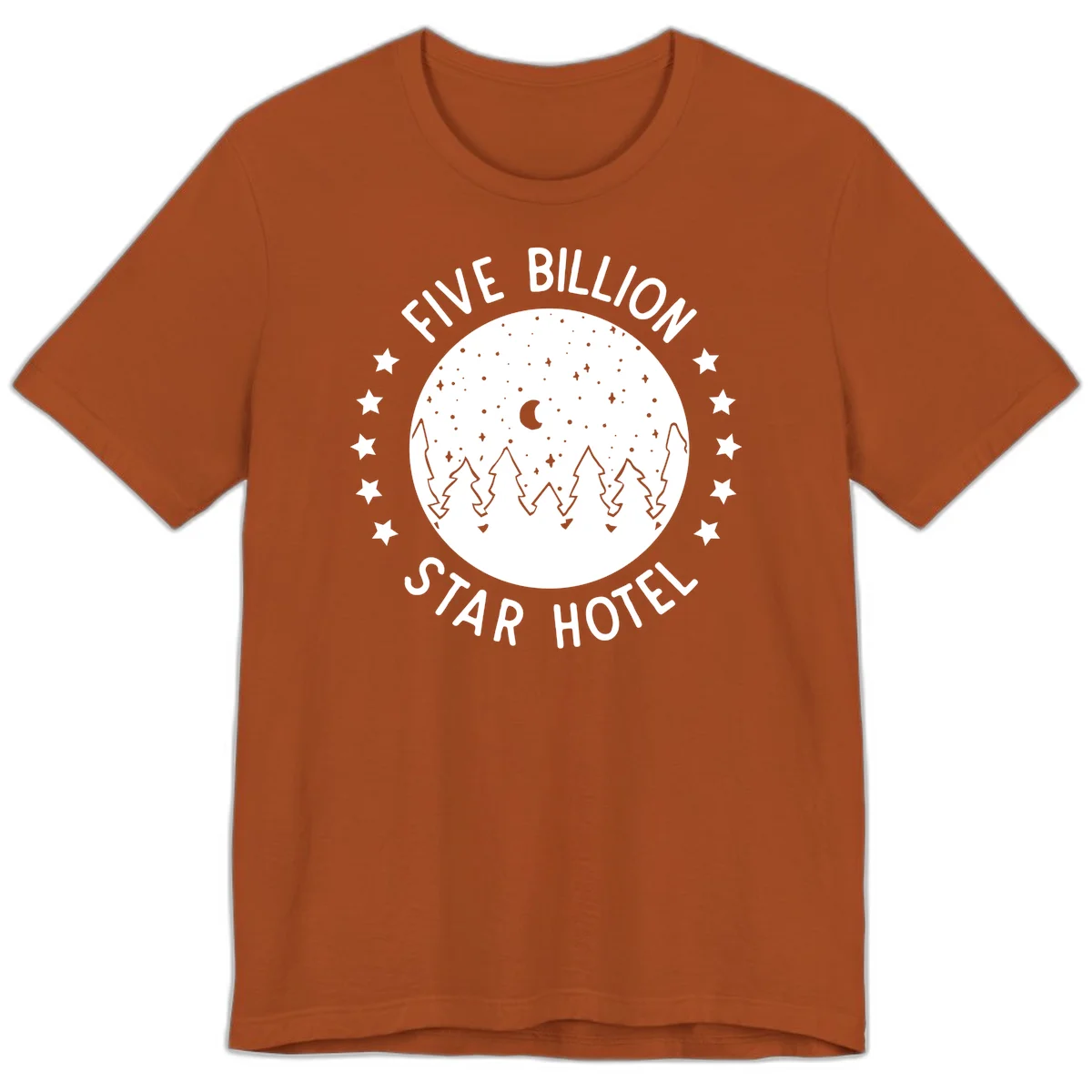 Illustration of crescent moon and pine forest with starry night sky, text reads Five Billion Star Hotel in Autumn